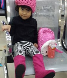 Jellybean's Spring Look for Hong Kong:  Pumpkin Patch Black Long-sleeved shirt, Black and White striped leggings, Sugar Kids Pink Knee-high boots and slouch pink crochet hat.