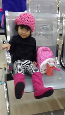 Jellybean's Spring Look for Hong Kong:  Pumpkin Patch Black Long-sleeved shirt, Black and White striped leggings, Sugar Kids Pink Knee-high boots and slouch pink crochet hat. 